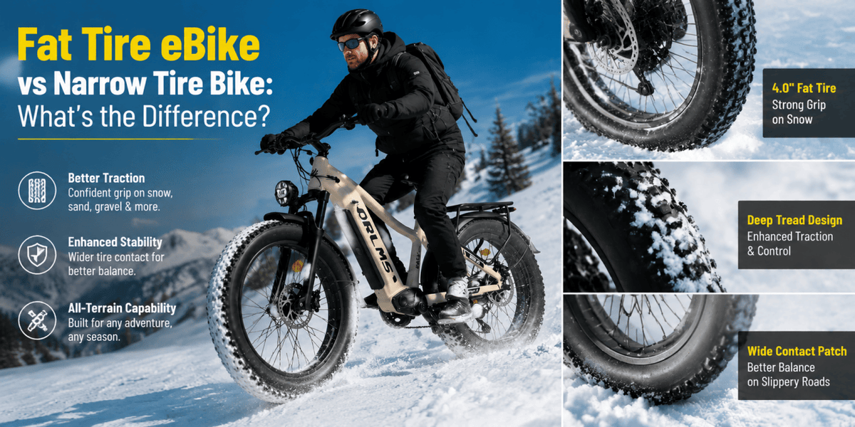 Fat tire eBike and narrow tire bike comparison showing stability, terrain, and performance differences