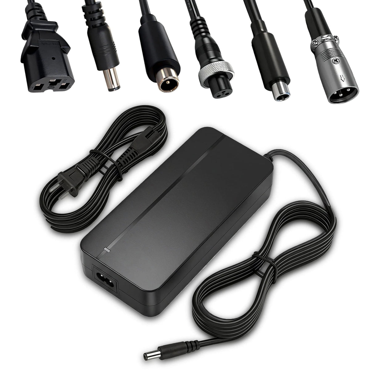 Universal 7-in-1 e-bike charger with interchangeable plugs