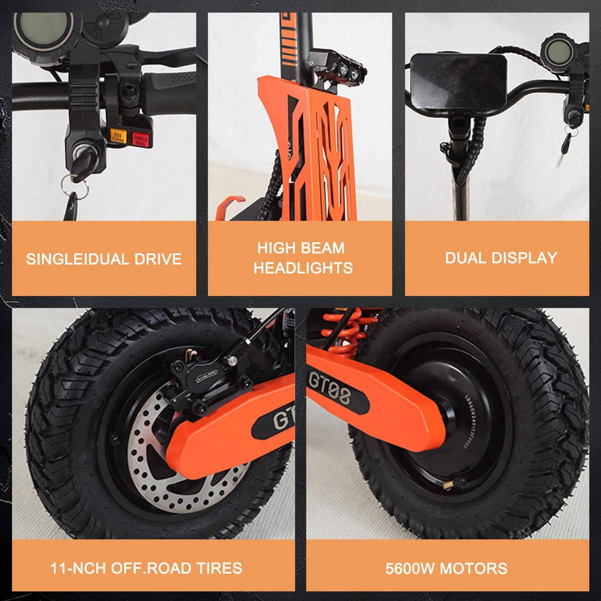 GT08 Electric Scooter for Adults, 60V27AH,Dual Motor Commuter with 40 Miles Range, Dual Brake System, Shock Absorption, 11" Vacuum Off-Road Tires, Folding E-Scooter - Orange image 10