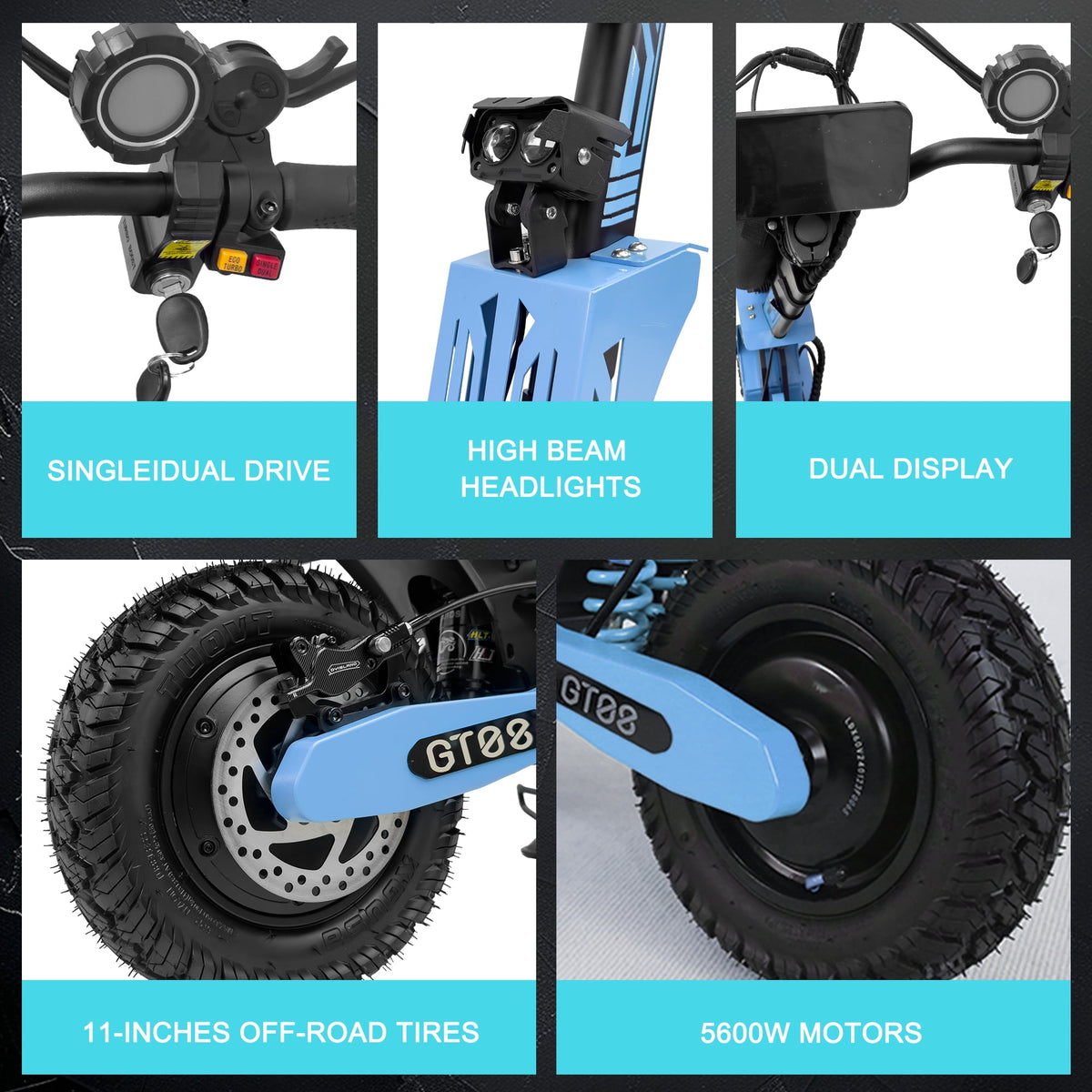 GT08 Electric Scooter for Adults, 60V27AH,Dual Motor Commuter with 40 Miles Range, Dual Brake System, Shock Absorption, 11" Vacuum Off-Road Tires, Folding E-Scooter - Blue image 5