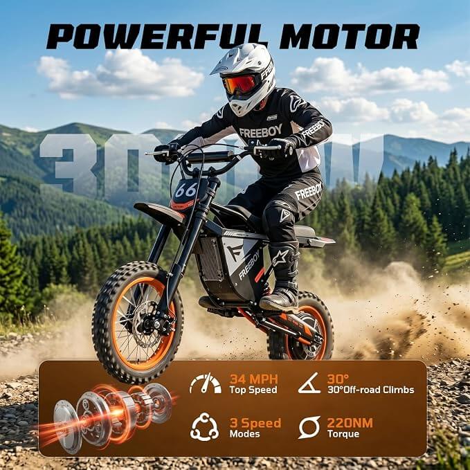 Y66 Electric Dirt Bike for Teens & Adults, 3000W Peak Ebike, 48V 30Ah, 31MPH & 30Mile Electric Motorcycle, 12"/10" Off-Road Tire E-Bike, Hydraulic Disc Brake, Full Suspension
